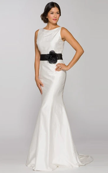 Long Satin Floral Wedding Dress With Bow Sleeveless Sheath Jewel-Neck