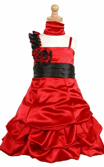 Satin Ruched Knee-Length Floral Cape Flower Girl Dress with Sash