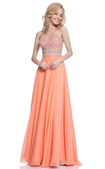 Jewel-Neck Chiffon Sleeveless Dress with Low-V Back Prom Dress