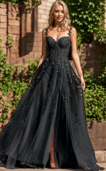 Floral Gothic Black Boho Lace A-Line Wedding Dress Beach Sexy Floor Length Appliqued Evening Gown