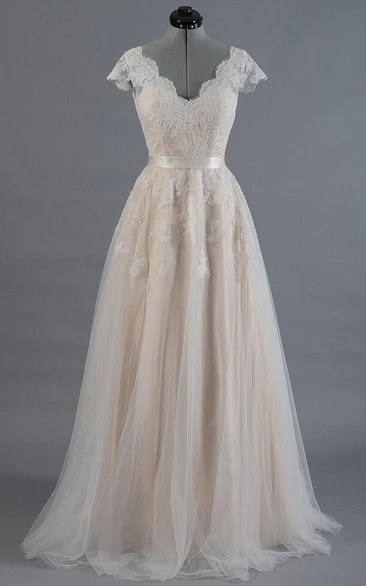 Elegant V-Neck Lace Boho Wedding Dress with Cap Sleeves and Tulle Skirt