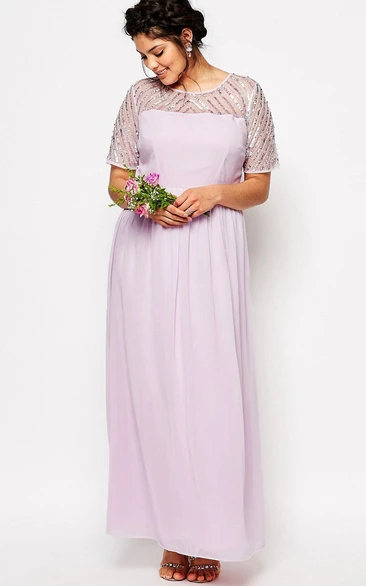 Sequined Chiffon Bridesmaid Dress with Short Sleeve and Scoop Neck