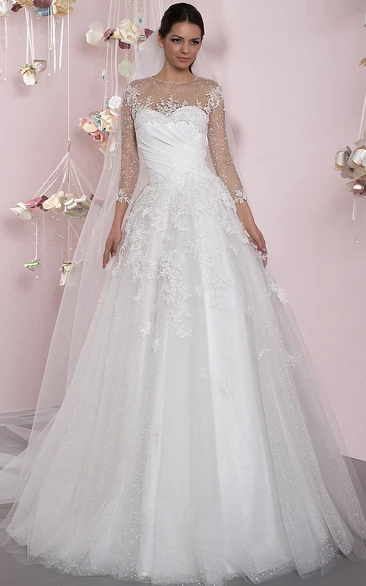 A-Line Appliqued Sleeveless Tulle Wedding Dress with Lace-Up Back