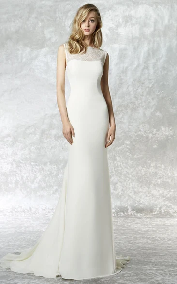Illusion High Neck Jersey Lace Maxi Wedding Dress with Sweep Train