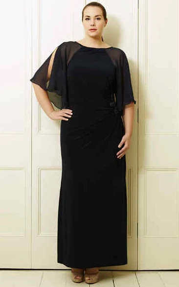 Plus Size Chiffon Prom Dress with Bat-Sleeves and Scoop-Neck