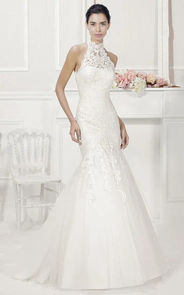 Halter Mermaid Bridal Gown with Lace and Tulle Skirt