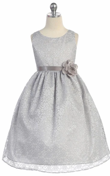 Tiered Lace Tea-Length Floral Dress for Flower Girls