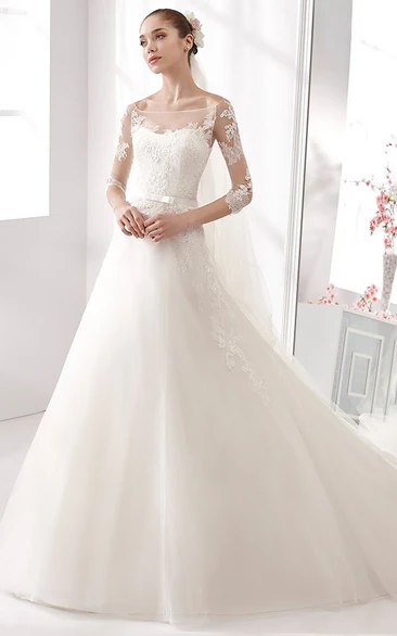 A-Line Wedding Dress with Satin Sash and Lace Bodice 3/4 Sleeves