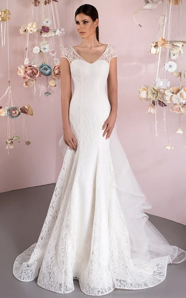 Mermaid Lace Wedding Dress with V-Neck & Cap Sleeves Draping Included