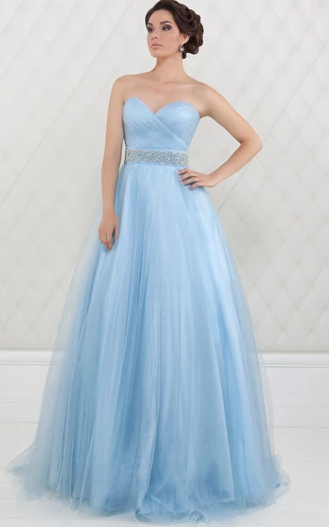 Sweetheart A-Line Tulle Prom Dress Criss-Cross Sleeveless Waist Jewellery