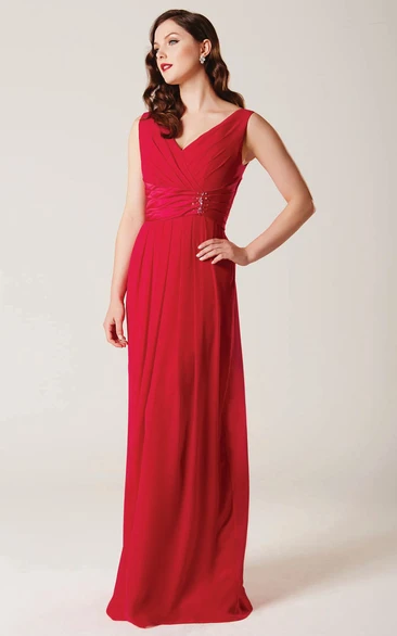 Sleeveless V-Neck Ruched Chiffon Bridesmaid Dress in Sheath Floor-Length