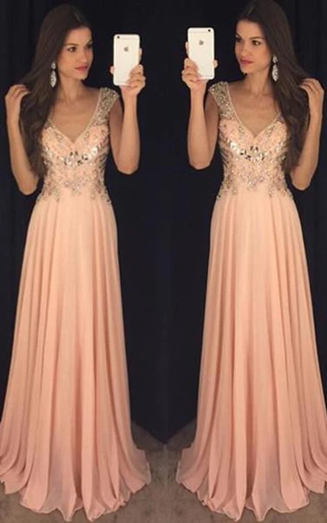 Chiffon A-line V-neck Prom Dress with Crystals and Cap Sleeves Newest Evening Gown