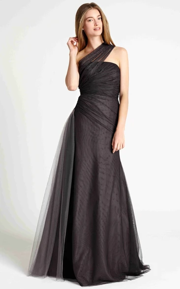 Floor-Length One-Shoulder Ruched Tulle Bridesmaid Dress Modern Bridesmaid Dress