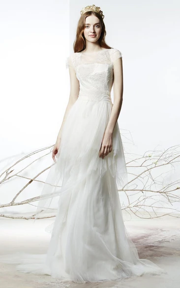 Short-Sleeve Tulle Sheath Wedding Dress with Illusion Scoop Neck