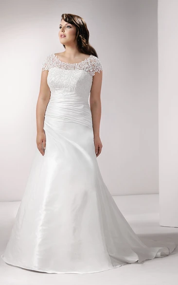 Brush Train Ruched Wedding Dress with Lace Caped Sleeves