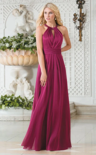 Chiffon A-Line Bridesmaid Dress with High-Neck and Keyhole Back