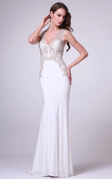 Sleeveless Sheath Jersey Illusion Formal Dress with Beading V-Neckline