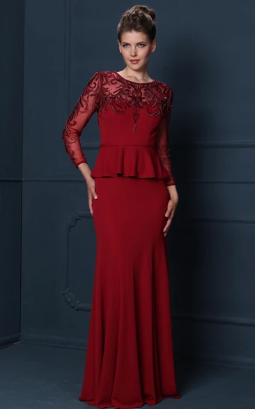 Beaded Jersey Sheath Mother Of The Bride Dress with Long Sleeves and Peplum