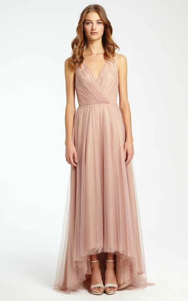 High-Low Tulle Bridesmaid Dress with Criss-Cross V-Neck Unique Prom Dress