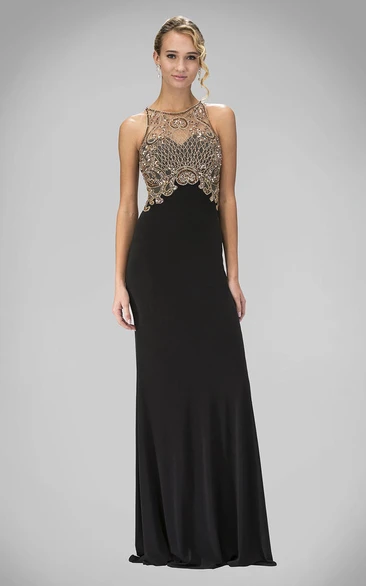 Illusion Scoop-Neck Sheath Jersey Prom Dress with Beading