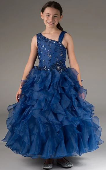 Tiered Organza Ball Gown with Crystals for Flower Girls