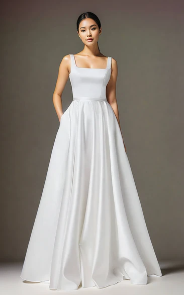 Simple Elegant Straps Square Neck A-Line Satin Wedding Dress Solid Reception Sleeveless Floor-length V Back Straps Bridal Gown with Sash