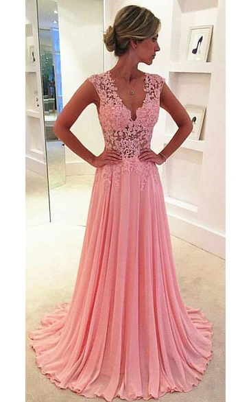 Long Pink Chiffon Bridesmaid Dress with Sleeveless Lace Appliques