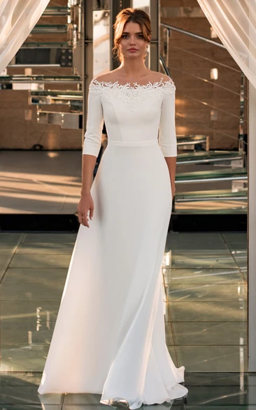 Minimalist Simple Off-the-Shoulder Satin Wedding Dress Modest Casual Sheath 3/4 Length Gown with Sweep Train