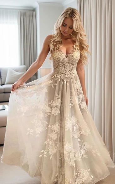 Romantic Lace Petals Ethereal Sleeveless Illusion Straps Floor-length V-neck V-back Mesh Wedding Dress