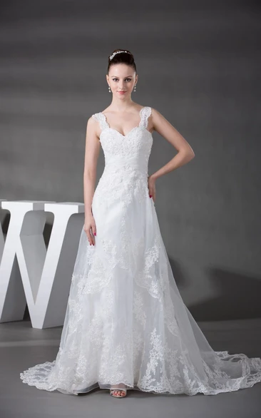 Lace A-Line Wedding Dress with Appliques Plunged Ruched Bridal Gown