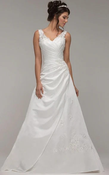 Side-Draped Satin Wedding Dress with V-Neck and Appliques Modern Bridal Gown