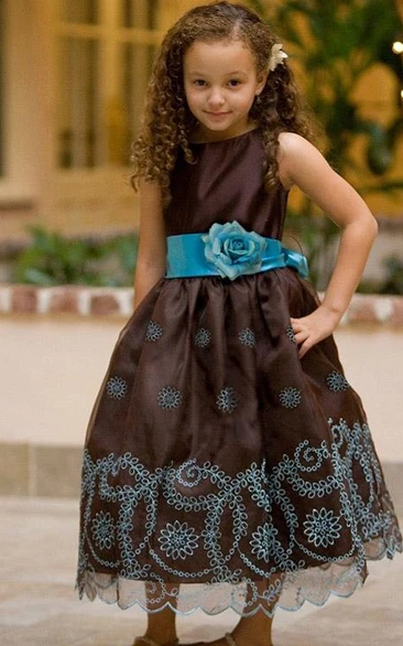 Organza Flower Girl Dress with Embroidered Floral Beading and Sash