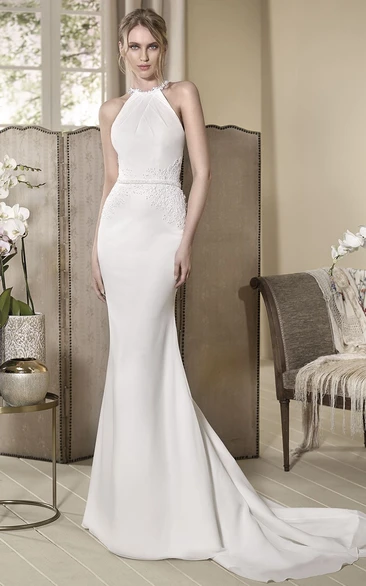 High-Neck Sleeveless Sheath Wedding Dress with Beading & Appliques