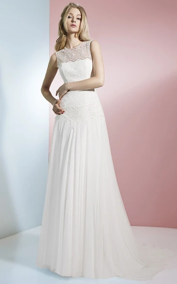 Sleeveless Lace Chiffon Wedding Dress with Illusion Back Jewel A-Line