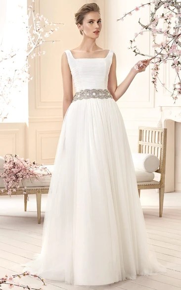 Ruched A-Line Square-Neck Maxi Tulle Wedding Dress with Waist Jewelry Stunning Bridal Gown