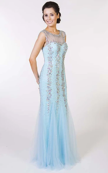 Sleeveless Beaded Sheath Tulle Prom Dress Scoop-Neck Floor-Length