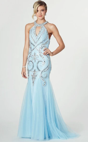 Mermaid Crystal Tulle Prom Dress High Neck Sleeveless