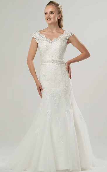 Cap-Sleeve Jeweled Lace Wedding Dress with V-Neck Sheath Bridal Gown