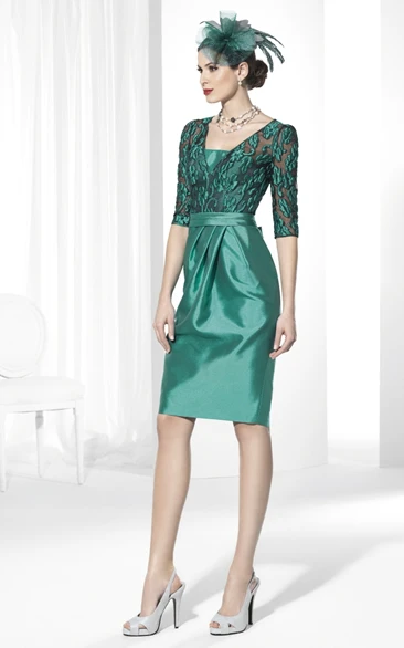 Knee-Length Bow-Embellished Half-Sleeve Satin Prom Dress