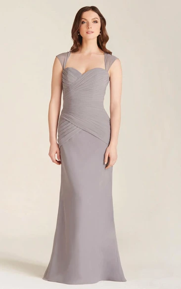 Criss-Cross Chiffon Bridesmaid Dress Sheath Floor-Length Cap-Sleeve