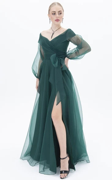 Long Sleeve A-line Tulle Prom Dress with Split Front Simple and Floor-length