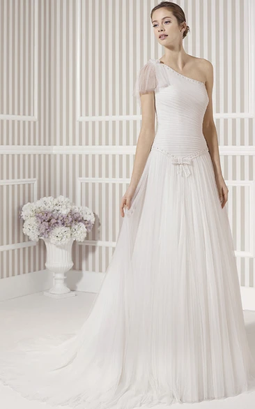 Poet-Sleeve One-Shoulder Tulle Wedding Dress with Court Train