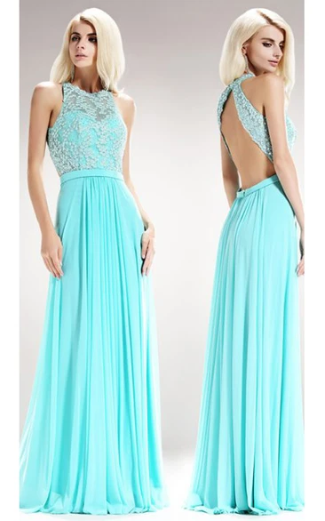 Backless Chiffon A-Line Sleeveless Formal Dress with Beading and Pleats