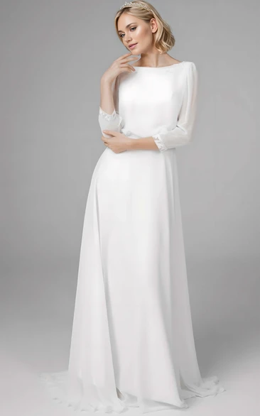 Elagant Flowy Charming A-Line Long Sleeve Weddding Dress Chiffon Modest Casual Floor Length Zipper Deep-V Back Bridal Gown