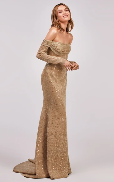 Mermaid Sequins Long Sleeve Formal Dress with Off-Shoulder and Corset Back