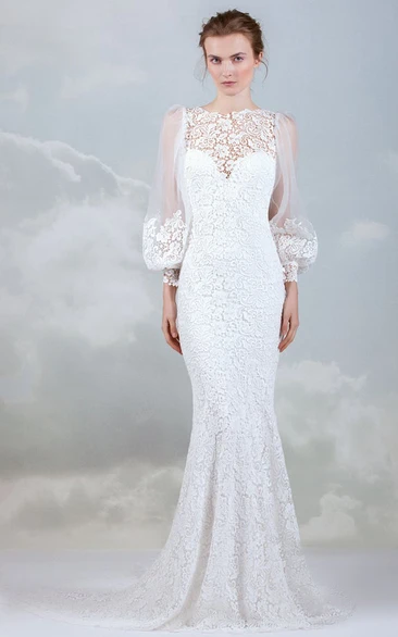 Bateau Neckline Mermaid Lace Wedding Dress with Long Sleeve Romantic & Elegant