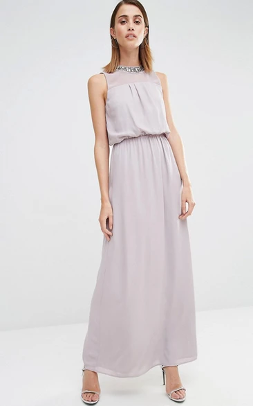 Jewel Neck Chiffon Bridesmaid Dress in Ankle-Length with Sleeveless Design