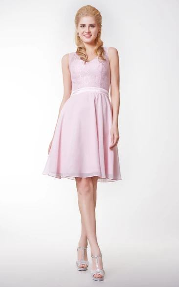 Lace V Neck Bridesmaid Dress with Chiffon Skirt