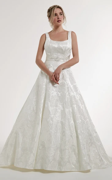 Square Neck Sleeveless Satin A-Line Wedding Dress with Beading and Court Train