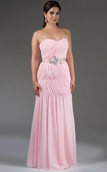 Ruched Chiffon Bridesmaid Dress with Sequined Satin Sash and Sweetheart Neckline